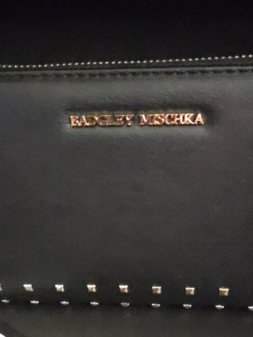 Badgley Mischka Black Zip Wallet with Gold Logo and Stud Accents